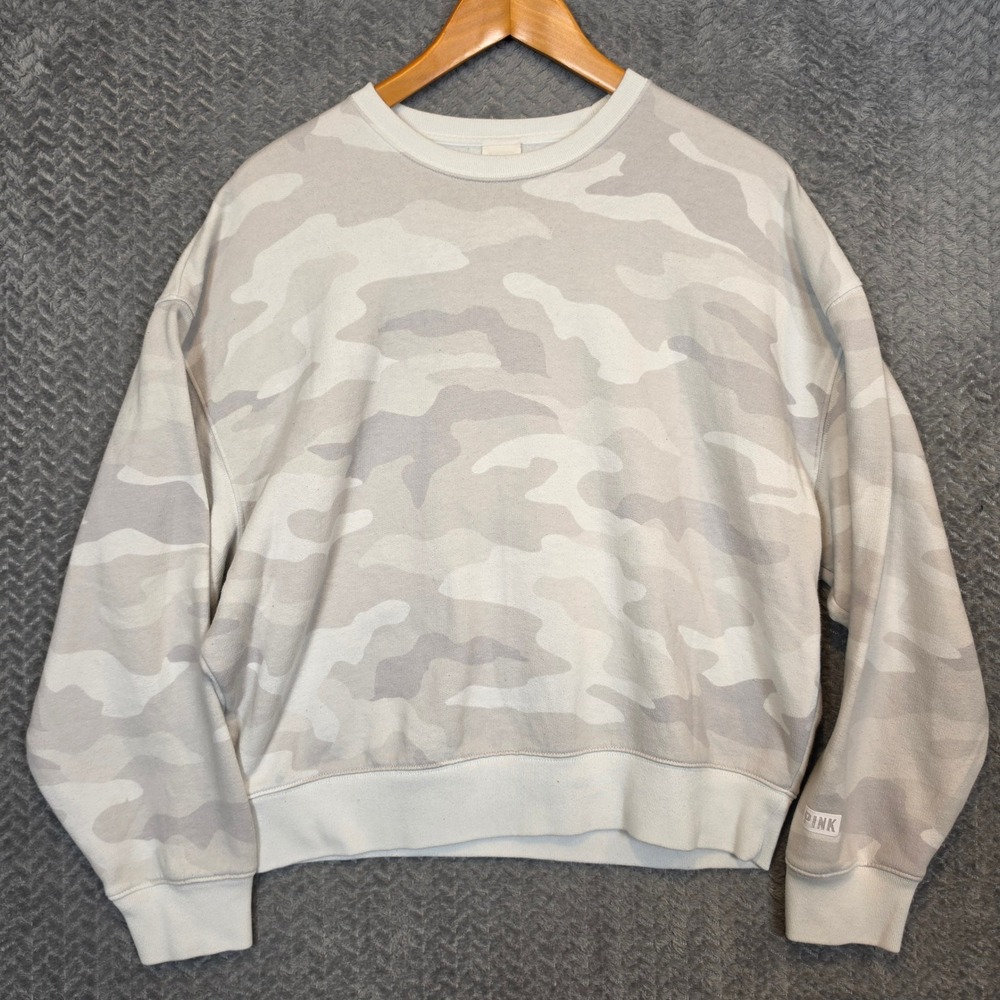 PINK Victoria's Secret Grey White Camo Crewneck Sweatshirt Small Relaxed Fit
